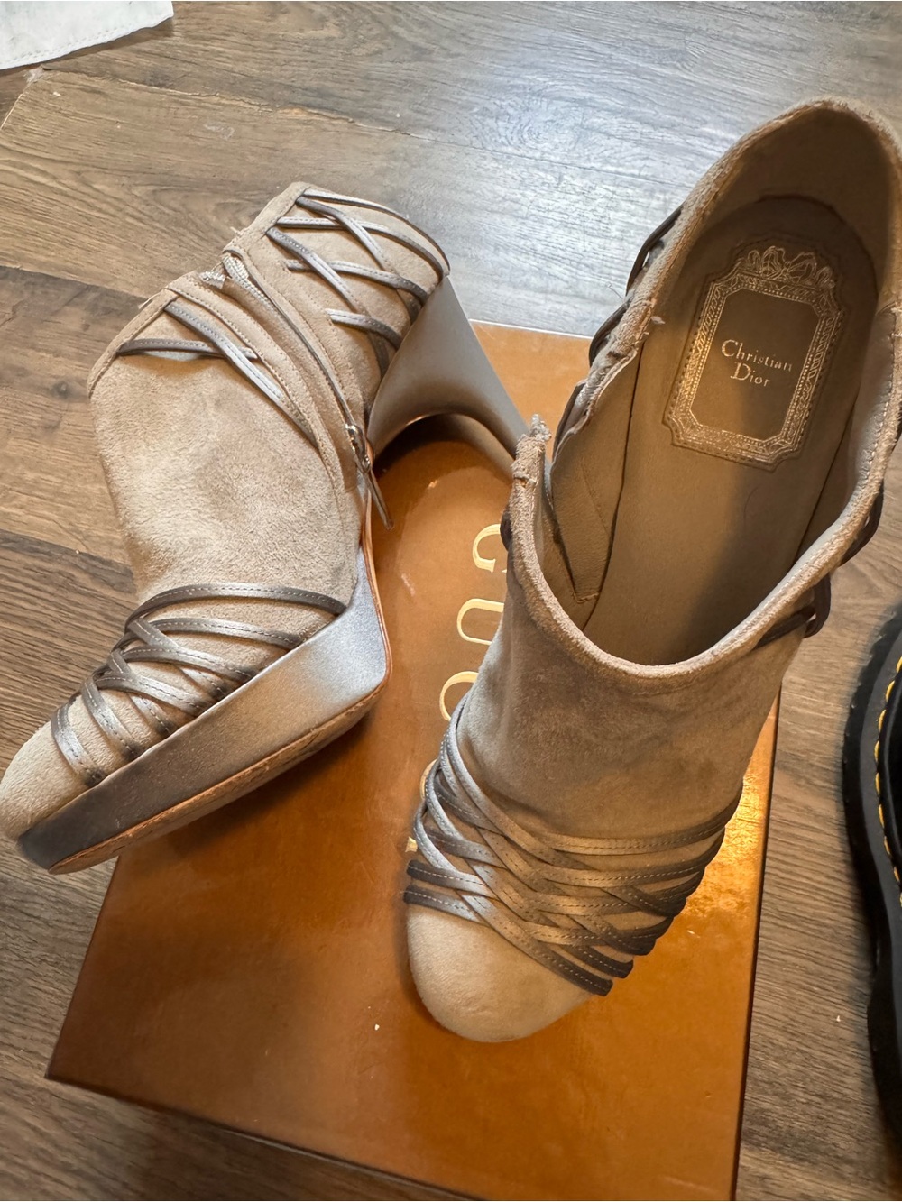 Dior Taupe Suede Ankle Booties with Metallic Strap Detail